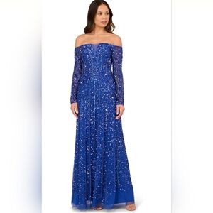 Adrianna Papell Womens Beaded Off Shoulder Gown